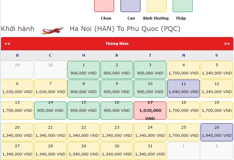 Bảng giá vé máy bay Hà Nội Phú Quốc của Vietjet Air