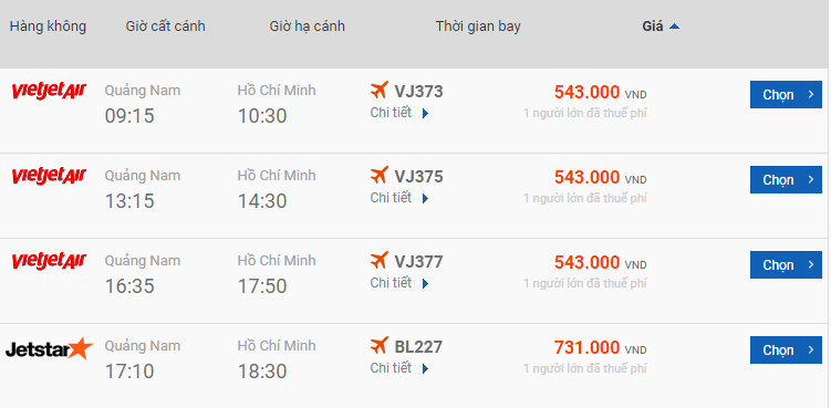 Bảng giá vé máy bay Chu Lai đi Sài Gòn