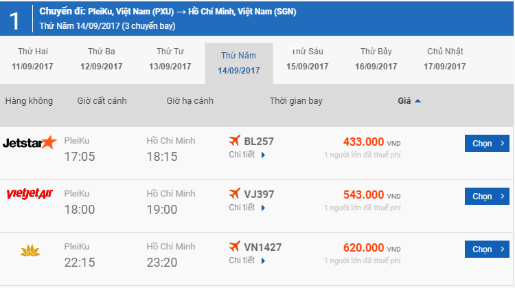 Bảng giá vé máy bay Pleiku đi Sài Gòn